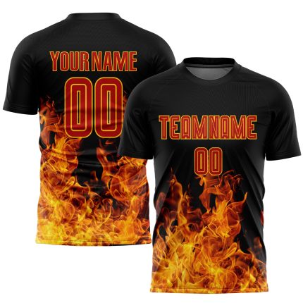 Personalized Soccer Jersey Black Red Gold Flame Design Sublimation Uniform Personalized Black Red-Gold Flame Sublimation