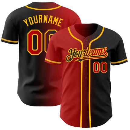 Personalized Black and Red Gradient Baseball Jersey - Stylish Fashion Wear Personalized Black Red-Gold Gradient Fashion Baseball