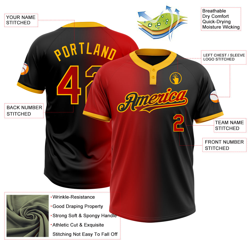 Personalized Unisex Softball Jersey Black Red Gold Gradient Two-Button Fashion Personalized Black Red-Gold Gradient Fashion - Image 3