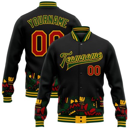 Personalized Black Red Gold Green 3D Bomber Varsity Letterman Jacket - Black History Month Full-Snap Design Personalized