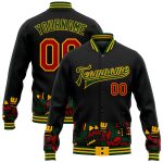 Custom Name Number Black History Month 3D Pattern Bomber Varsity Jacket in Black Red Gold Green - Personalized Full-Snap Letterman