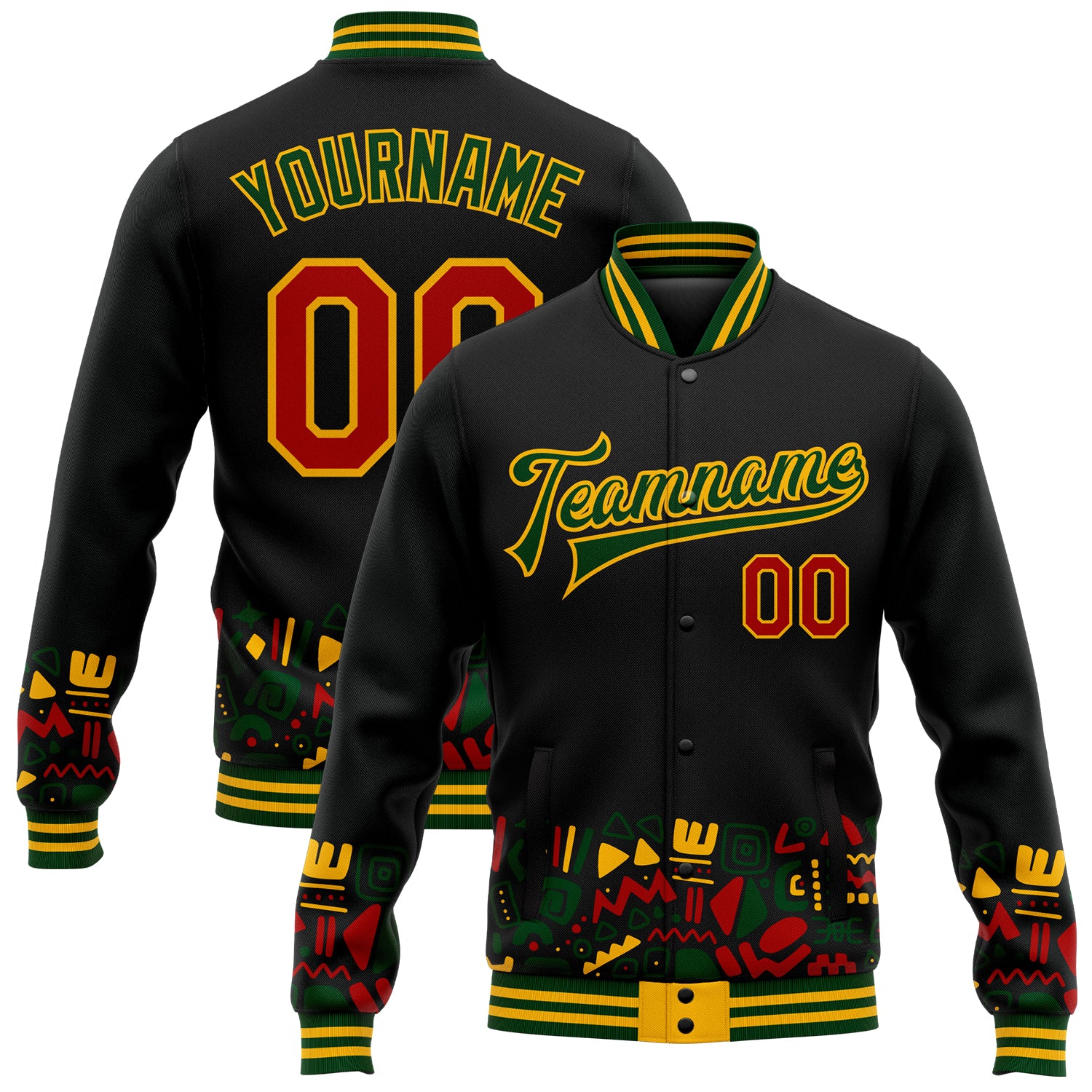 Custom Name Number Black History Month 3D Pattern Bomber Varsity Jacket in Black Red Gold Green - Personalized Full-Snap Letterman