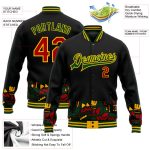 Custom Name Number Black History Month 3D Pattern Bomber Varsity Jacket in Black Red Gold Green - Personalized Full-Snap Letterman