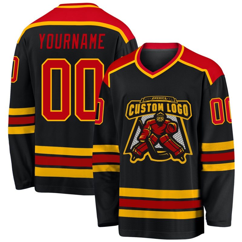 Personalized Black Red Gold Hockey Jersey for Men and Women - Custom Sports Apparel Personalized Black Red-Gold Hockey Jersey