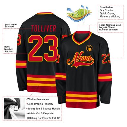 Personalized Hockey Jersey in Black Red and Gold Colors for Men and Women Personalized Black Red-Gold Hockey Jersey