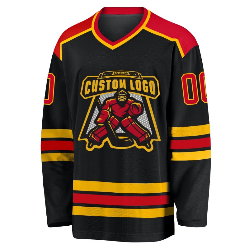 Personalized Black Red Gold Hockey Jersey for Men and Women - Custom Sports Apparel Personalized Black Red-Gold Hockey Jersey