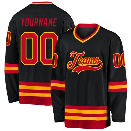 Personalized Hockey Jersey in Black Red and Gold Colors for Men and Women Personalized Black Red-Gold Hockey Jersey