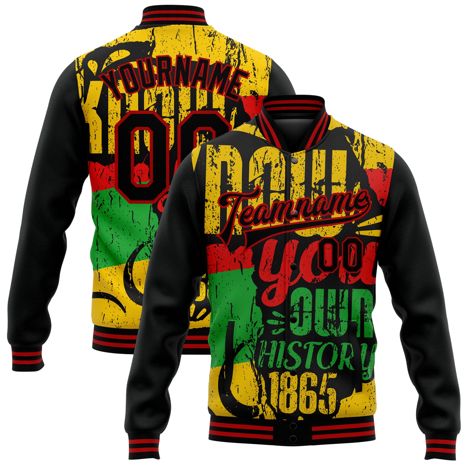 Personalized Black Red Gold Green 3D Bomber Varsity Letterman Jacket for Black History Month Personalized Black Red Gold-Kelly