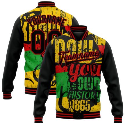 Custom Black Red Gold Kelly Green 3D Pattern Bomber Varsity Jacket with Personalized Name & Number - Black History Month