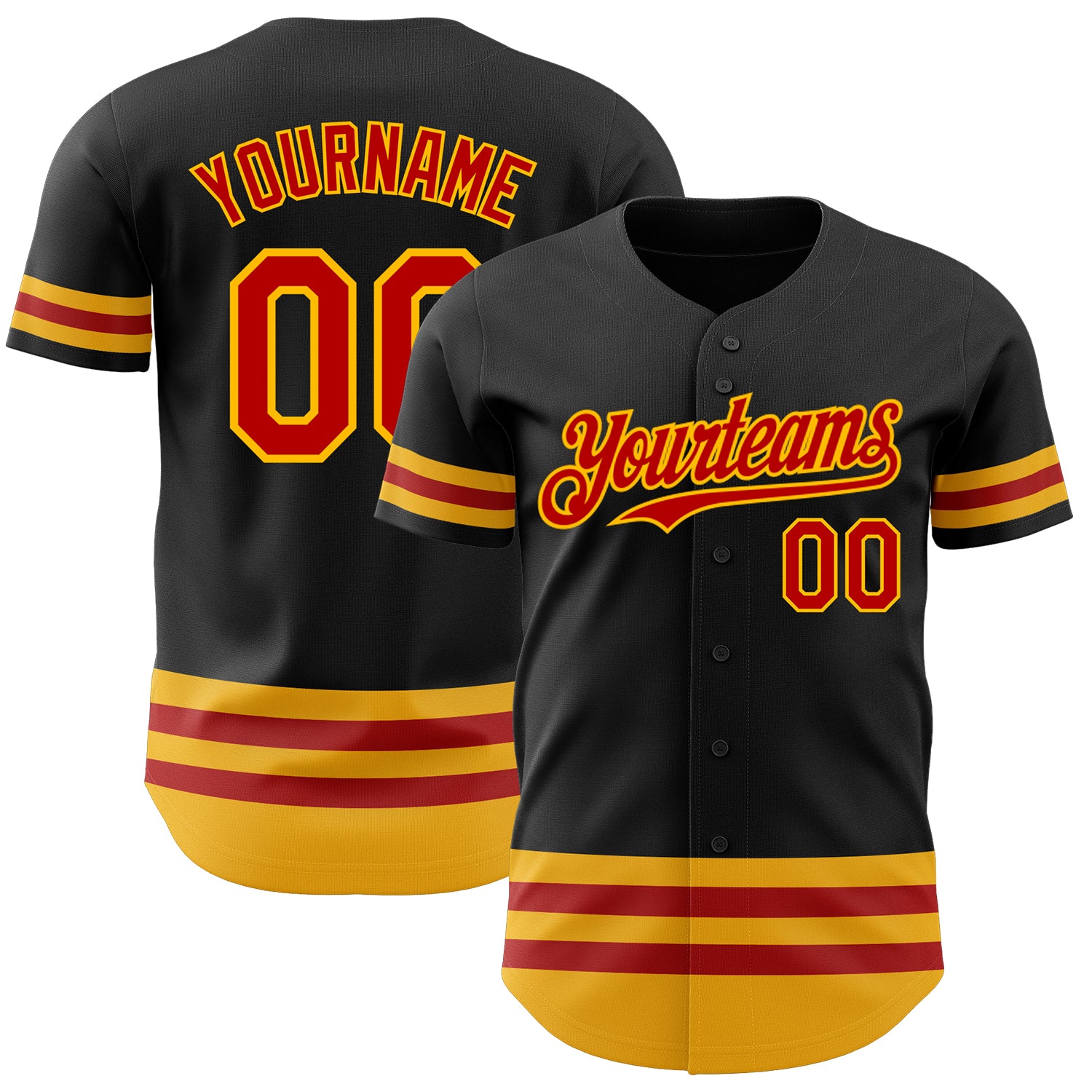 Custom Name Number Personalized Baseball Jersey - Black Red Gold Line Authentic Team Jersey Personalized Black Red-Gold Line