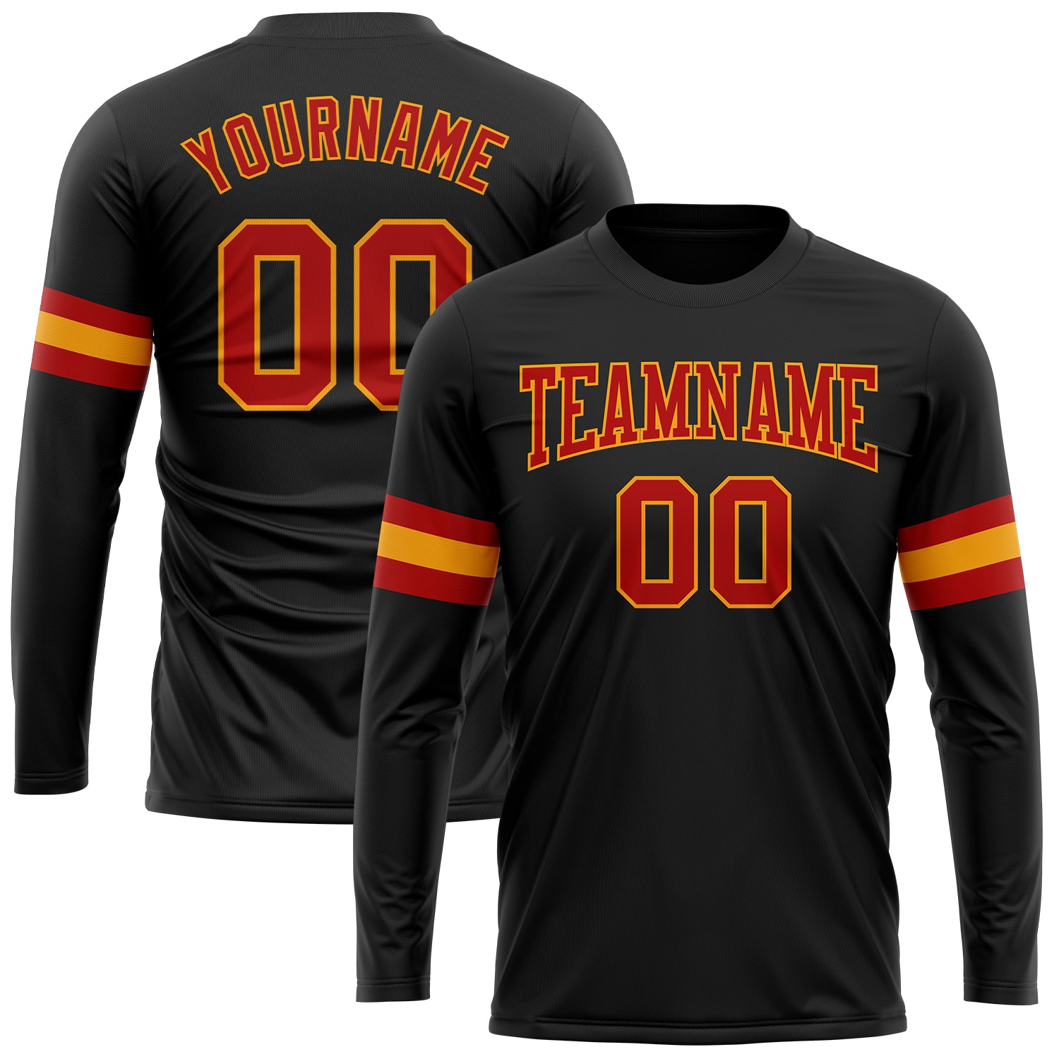 Custom Team Performance T-Shirt with Personalized Name & Number - Black Red-Gold Long Sleeve Personalized Black Red-Gold