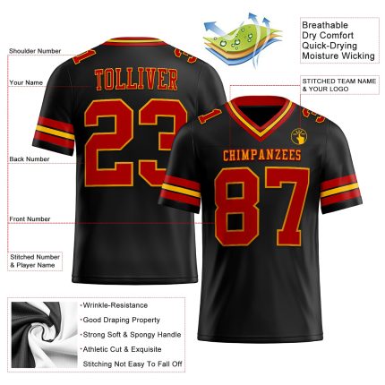 Personalized Black Red Gold Football Jersey for Men, Women, Kids - Custom Mesh Team Apparel 2 Personalized Black Red-Gold