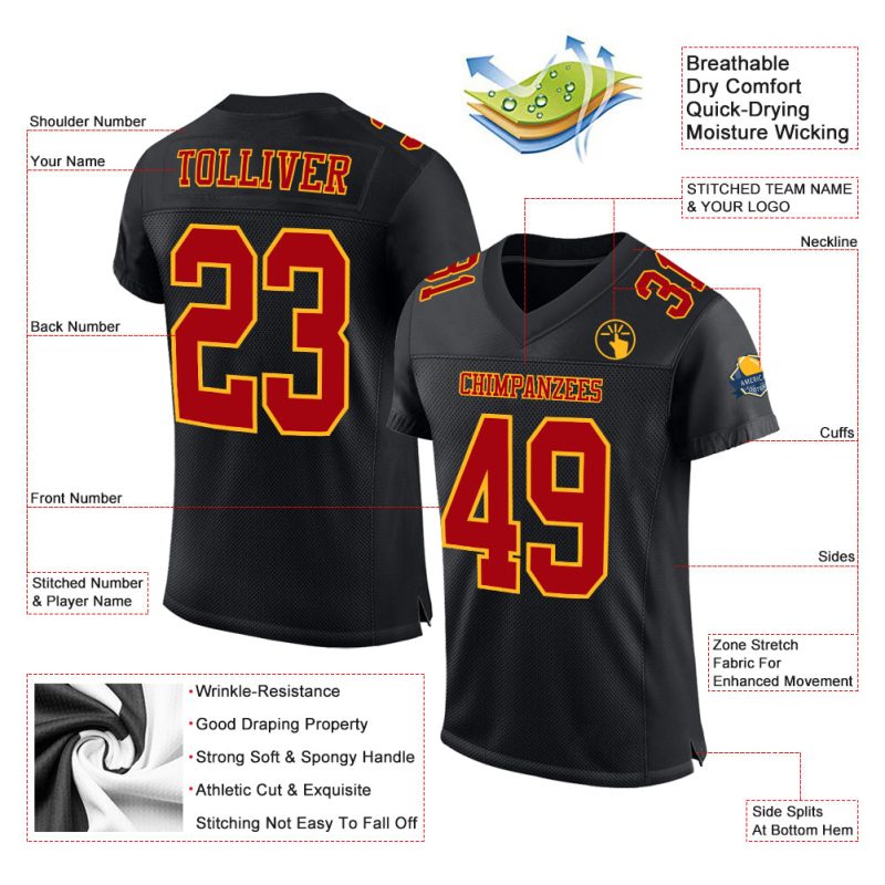 Personalized Football Jersey in Black Red-Gold Mesh Fabric for Customization Personalized Black Red-Gold Mesh Football Jersey