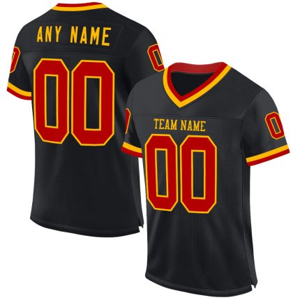 Personalized Black Red Gold Football Jersey - Throwback Mesh Style Personalized Black Red-Gold Mesh Throwback Football Jersey