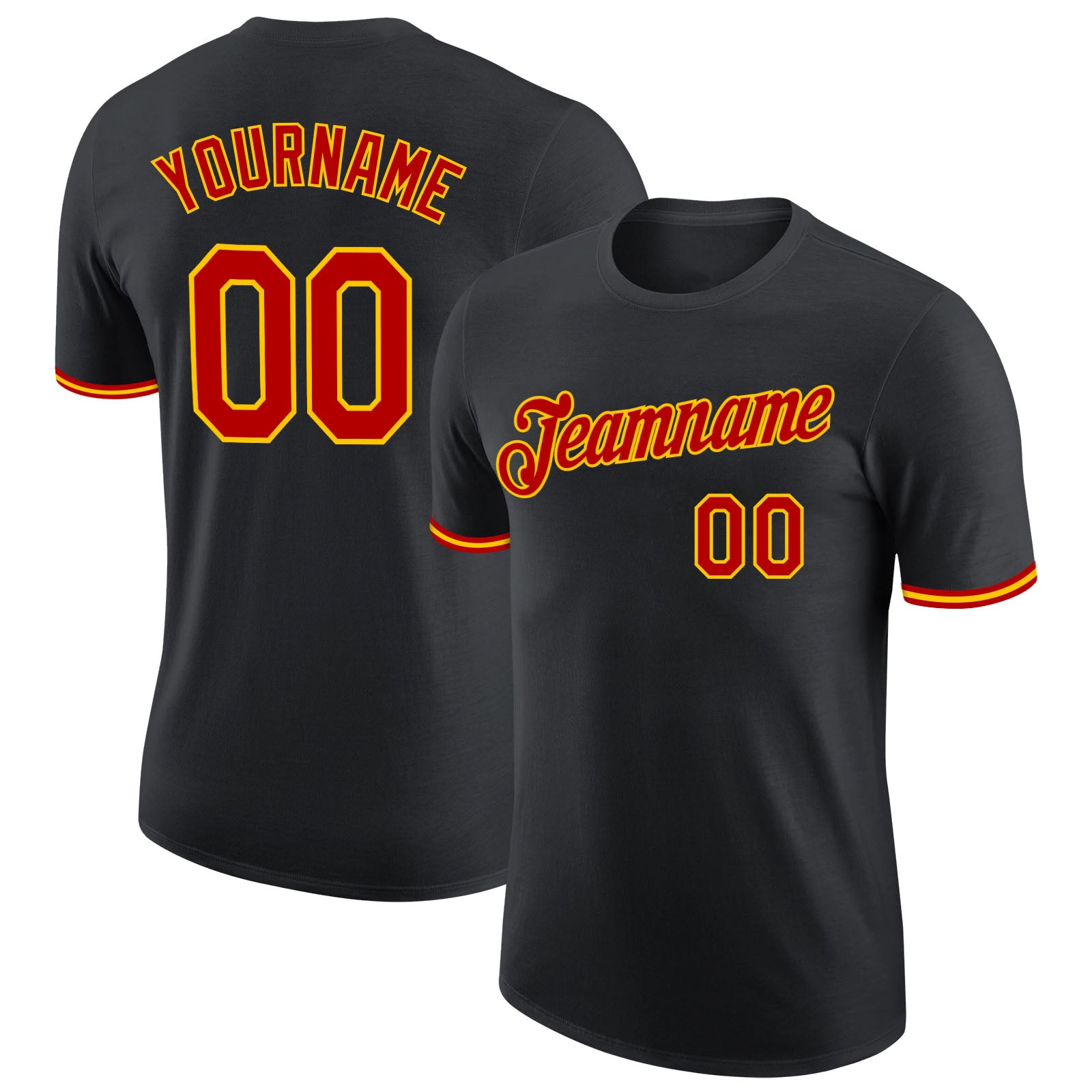 Custom Name Number Performance T-Shirt Black Red Gold for Teams - Personalized Sports Tee Personalized Black Red-Gold Performance