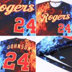 Personalized Team T-Shirt with Custom Name & Number, Black Red Gold Royal-Light Blue Flame 3D Pattern, Long Sleeve Performance