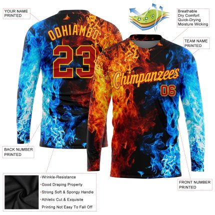 Personalized Team T-Shirt with Custom Name & Number, Black Red Gold Royal-Light Blue Flame 3D Pattern, Long Sleeve Performance