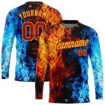 Personalized Team T-Shirt with Custom Name & Number, Black Red Gold Royal-Light Blue Flame 3D Pattern, Long Sleeve Performance