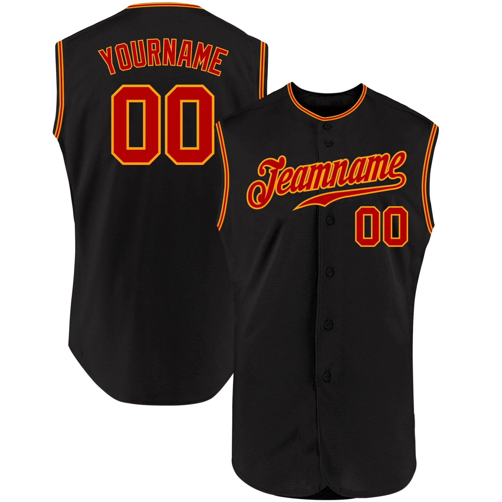 Personalized Black Red Gold Baseball Jersey Sleeveless for Men and Women Personalized Black Red-Gold Sleeveless Baseball