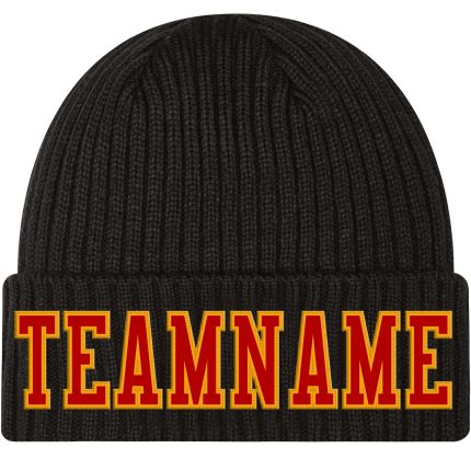 Custom Name Number Knit Hat Personalized Black Red Gold Stitched Cuffed Beanie Personalized Black Red-Gold Stitched Cuffed