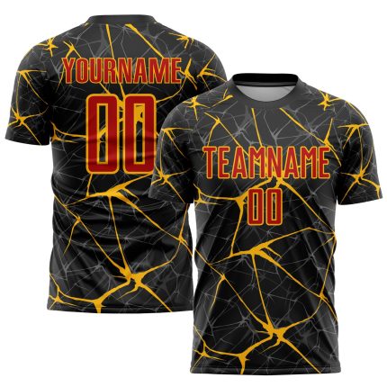 Custom Name Number Personalized Soccer Jersey Black Red Gold Sublimation Team Uniform Personalized Black Red-Gold Sublimation