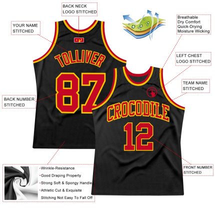 Personalized Throwback Basketball Jersey Black Red Gold - Custom Sports Apparel Personalized Black Red-Gold Throwback Basketball