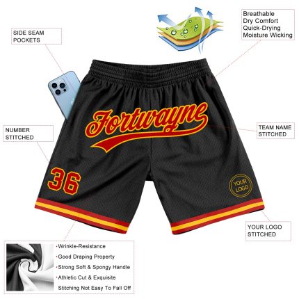 Personalized Basketball Shorts Black Red Gold Throwback Style 2 Personalized Black Red-Gold Throwback Basketball Shorts 2