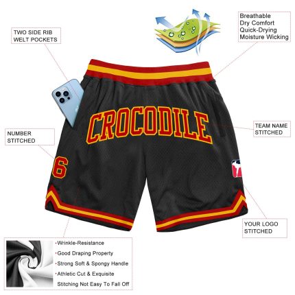 Personalized Black Red Gold Basketball Shorts for Men and Women - Throwback Style Personalized Black Red-Gold Throwback Basketball