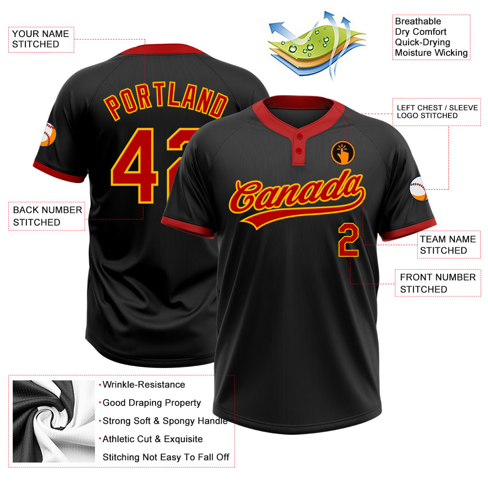 Personalized Unisex Softball Jersey - Black Red Gold Two-Button Design Personalized Black Red-Gold Two-Button Unisex Softball - Image 3