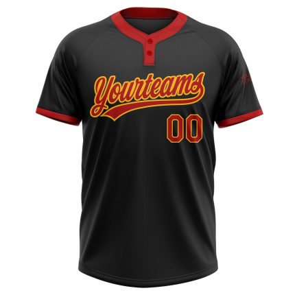 Personalized Unisex Softball Jersey - Black Red Gold Two-Button Design Personalized Black Red-Gold Two-Button Unisex Softball