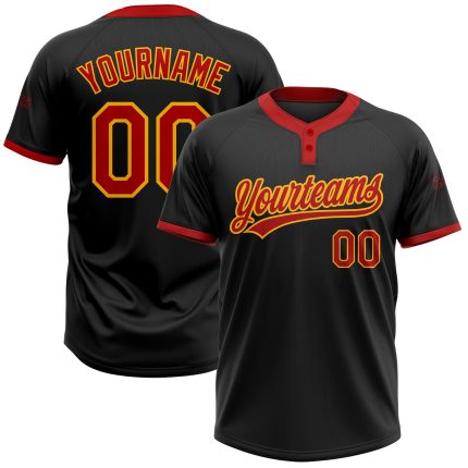 Personalized Unisex Softball Jersey - Black Red Gold Two-Button Design Personalized Black Red-Gold Two-Button Unisex Softball