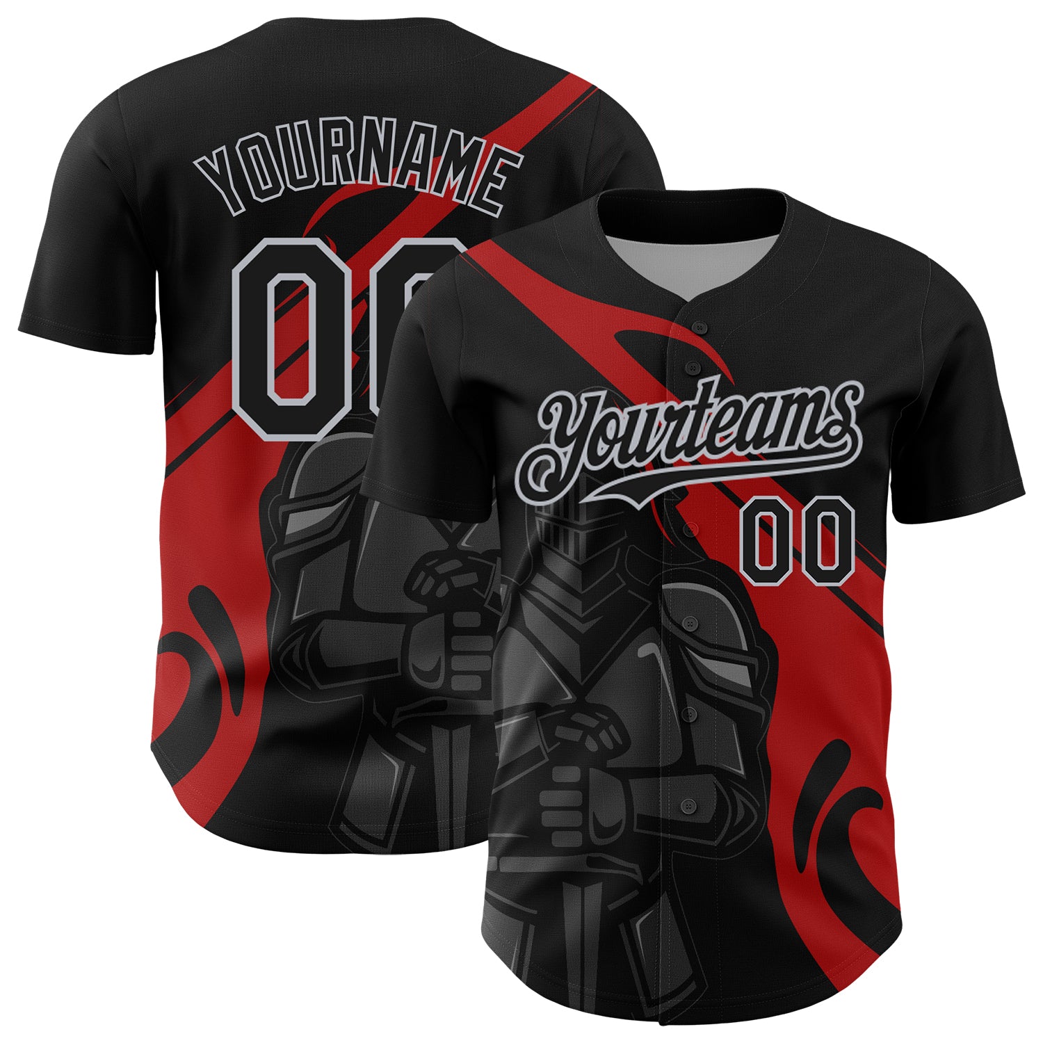 Custom Name and Number Knight Hero Art Baseball Jersey - Personalized 3D Pattern Design in Black, Red, and Gray Personalized