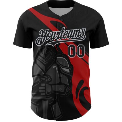 Custom Name and Number Knight Hero Art Baseball Jersey - Personalized 3D Pattern Design in Black, Red, and Gray Personalized