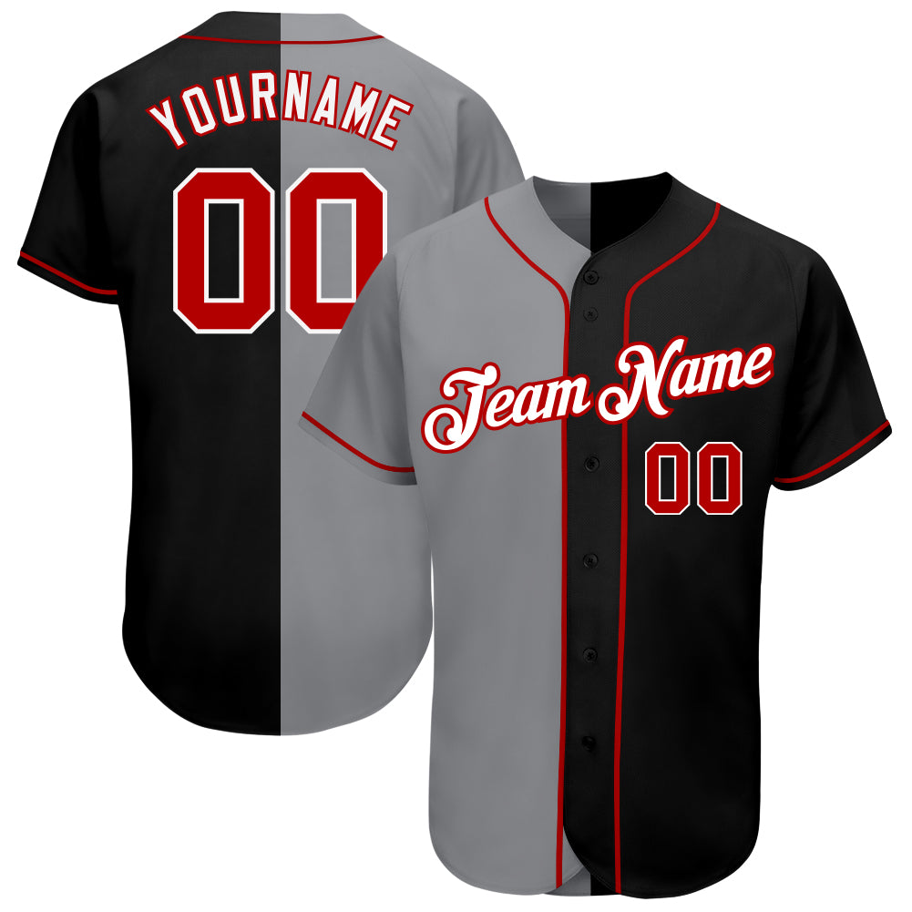 Custom Name Number Authentic Fashion Baseball Jersey - Personalized Black Red Gray Split Team Design Personalized Black Red-Gray
