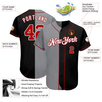 Custom Name and Number Personalized Black Red Gray Softball Jersey - Authentic Split Fashion Team Gear Personalized Black