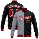Personalized Black Red Gray Bomber Varsity Letterman Jacket Full-Snap Fashion Personalized Black Red-Gray Bomber Full-Snap