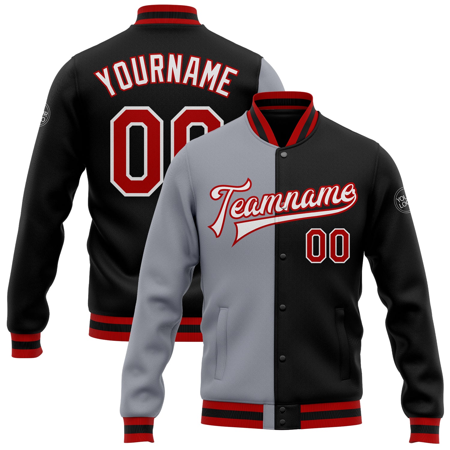 Custom Name and Number Black Red Gray Bomber Varsity Jacket Full-Snap Fashion Team Letterman Personalized Black Red-Gray