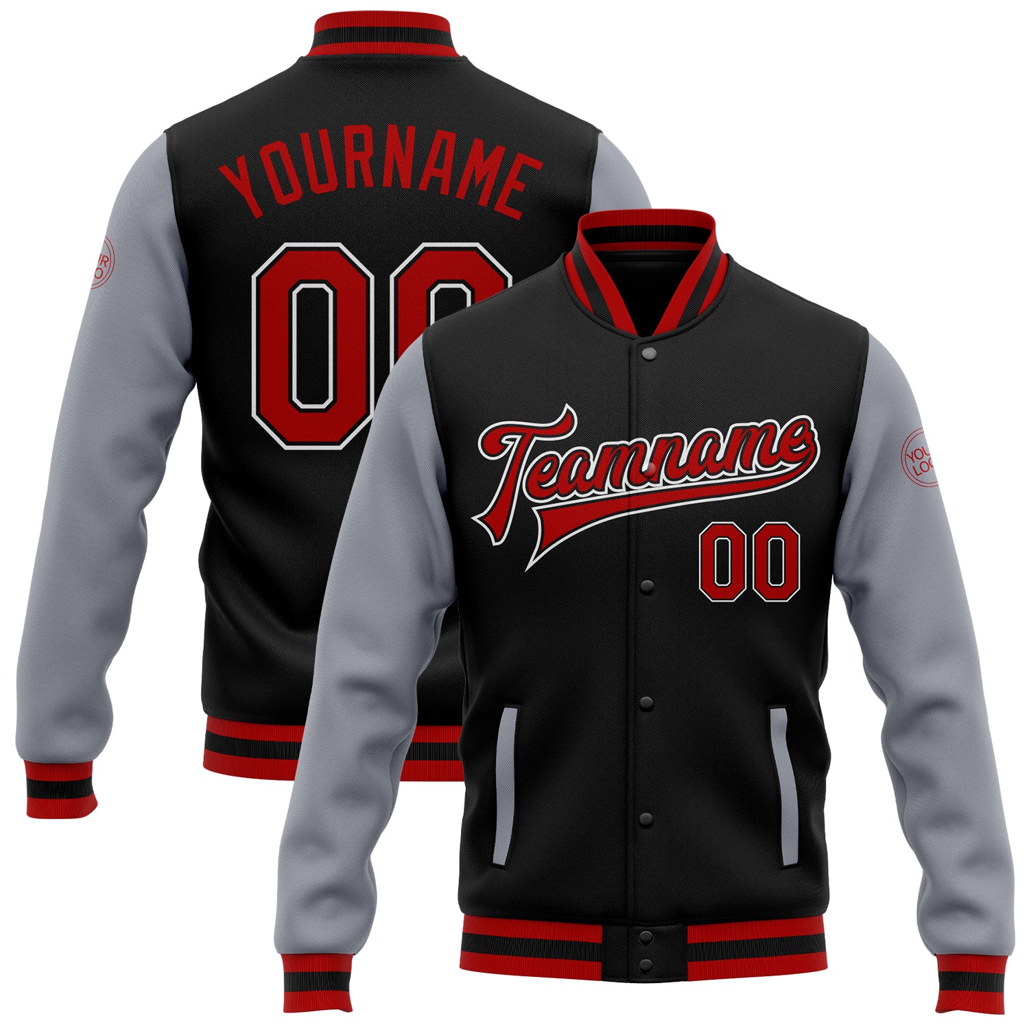 Personalized Bomber Jacket Black Red Gray Varsity Letterman Full-Snap Two Tone Personalized Black Red-Gray Bomber Full-Snap