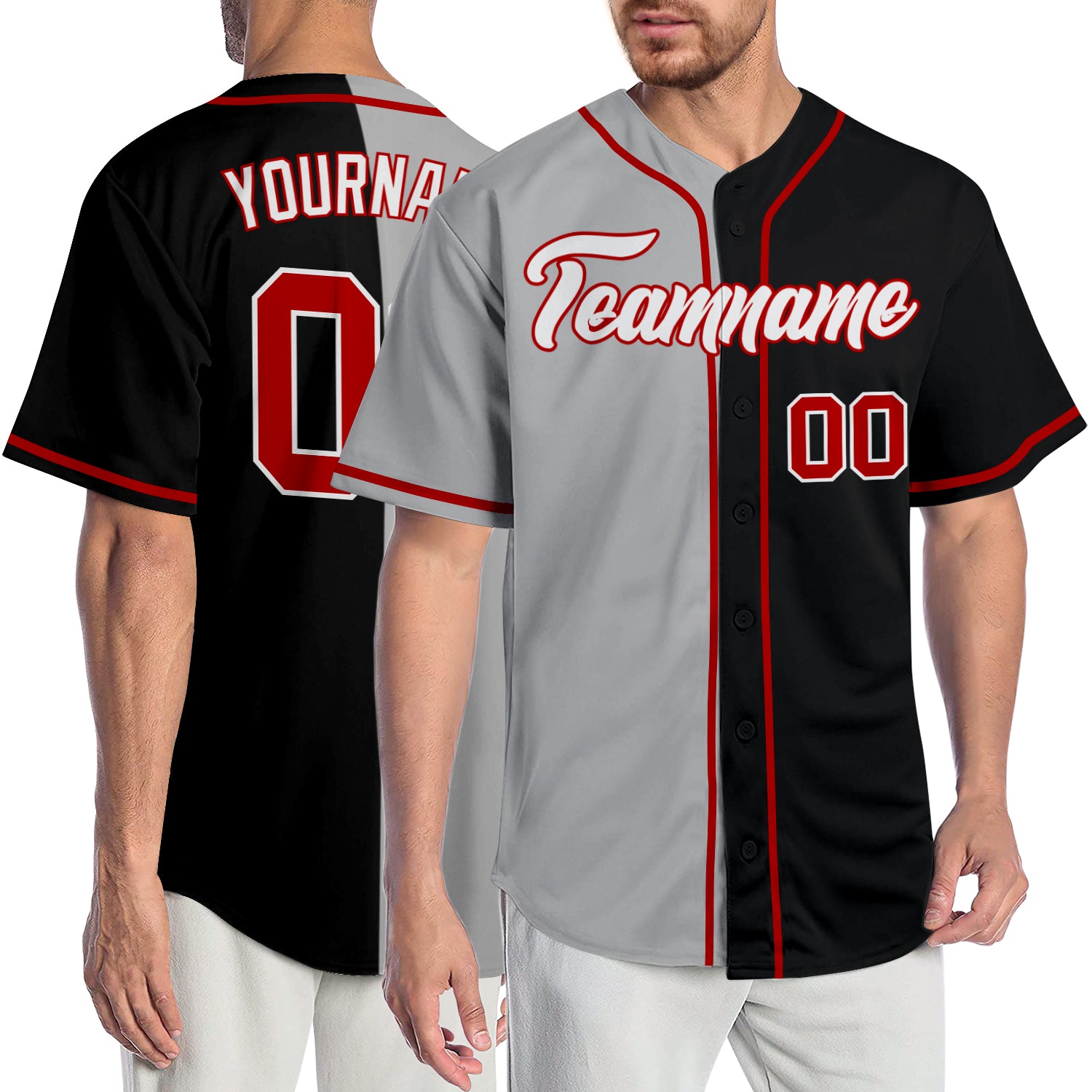 Personalized Fashion Baseball Jersey in Black Red-Gray Split Design - Size 2 Personalized Black Red-Gray Split Fashion Baseball
