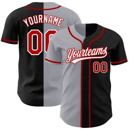 Personalized Fashion Baseball Jersey in Black Red-Gray Split Design - Size 3 Personalized Black Red-Gray Split Fashion Baseball
