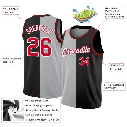 Personalized Black Red Gray Basketball Jersey for Men - Split Design Fashion Sportswear Personalized Black Red-Gray Split