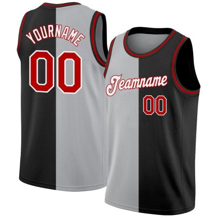 Personalized Black Red Gray Basketball Jersey for Men - Split Design Fashion Sportswear Personalized Black Red-Gray Split