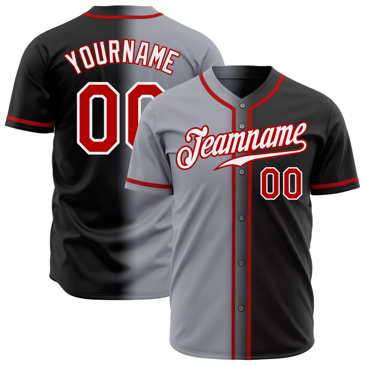 Personalized Fashion Baseball Jersey in Black Red Gray White Gradient Personalized Black Red Gray-White Gradient Fashion