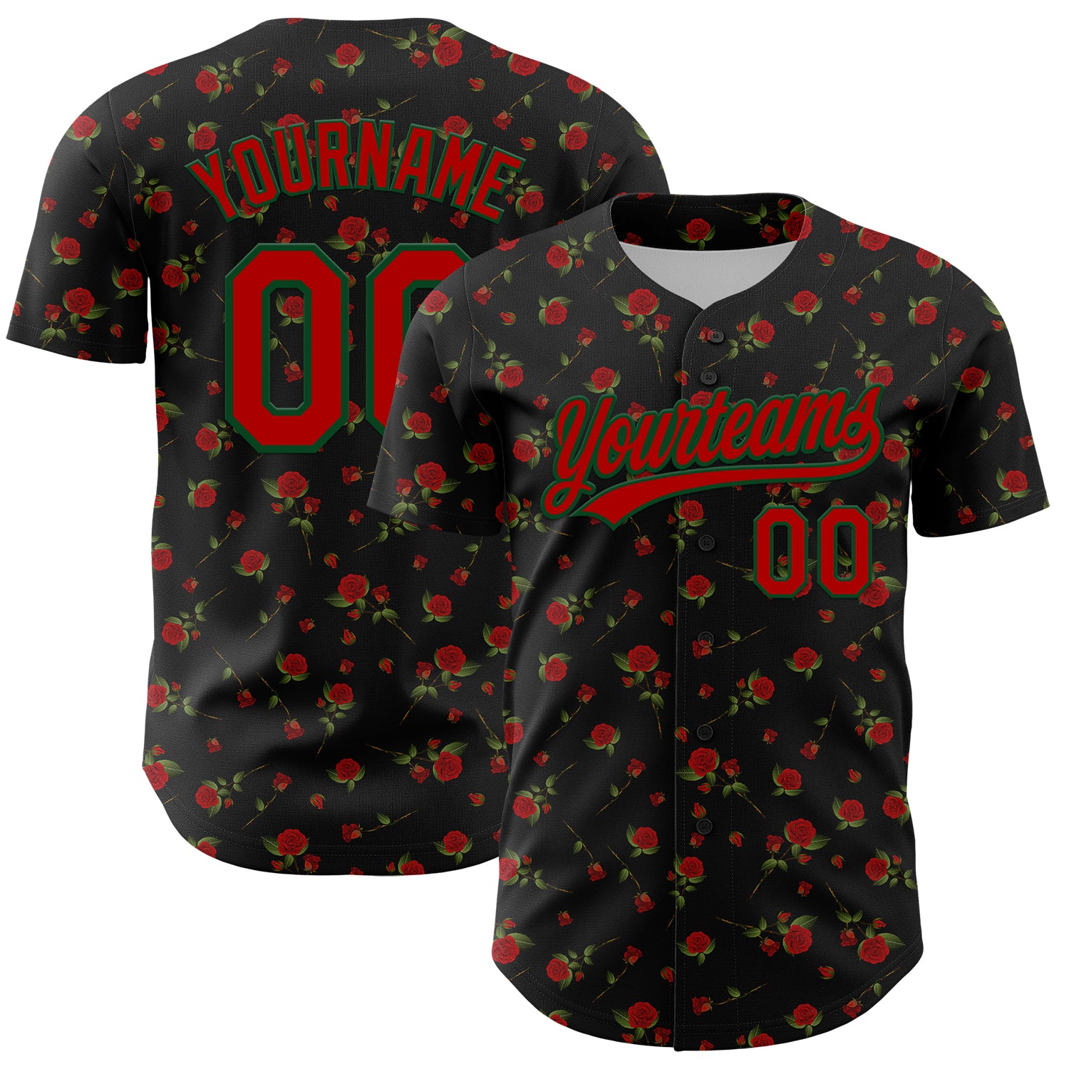 Personalized 3D Gothic Style Rose Baseball Jersey in Black Red-Green Colors Personalized Black Red-Green 3D Gothic Style