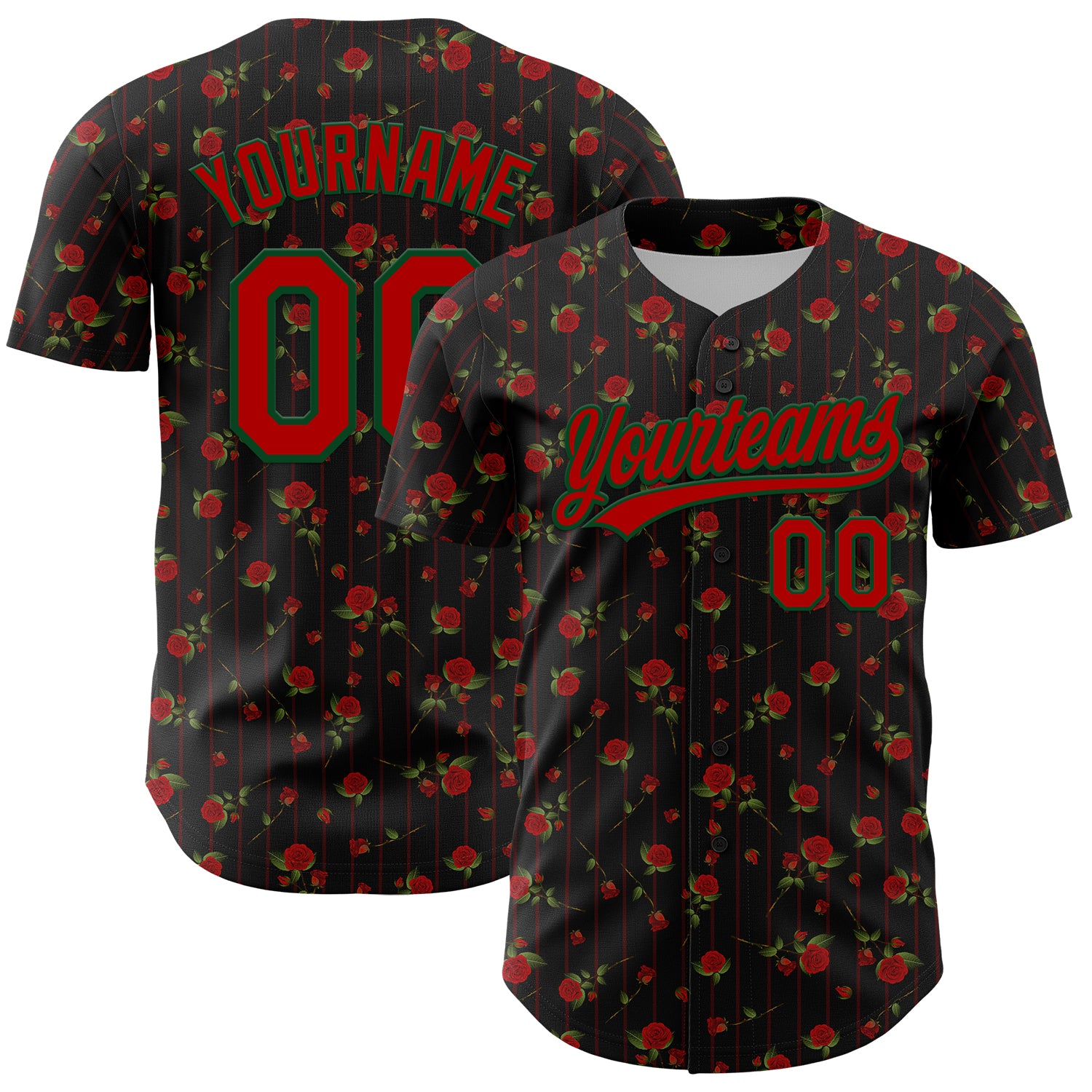 Personalized Gothic Style 3D Rose Baseball Jersey in Black Red-Green Personalized Black Red-Green 3D Gothic Style Rose Baseball