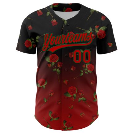 Personalized 3D Gothic Style Rose Baseball Jersey in Black Red-Green - Custom Sports Wear Personalized Black Red-Green 3D