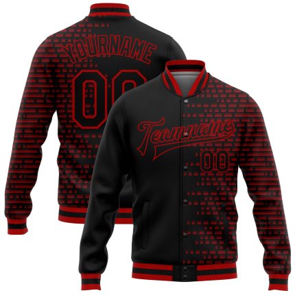 Custom 3D Bomber Varsity Letterman Jacket in Black Red Halftone Design - Full-Snap Closure Personalized Black Red Halftone