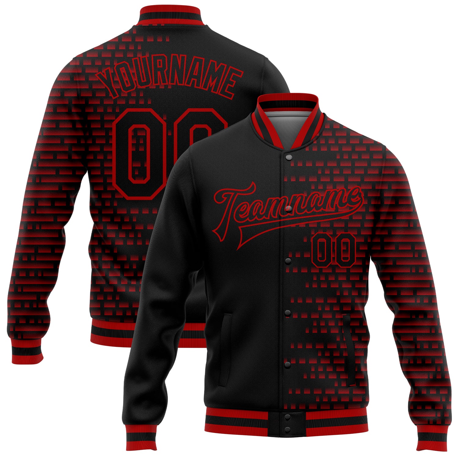 Custom Name Number Bomber Varsity Letterman Jacket, Personalized Black Red Halftone 3D Pattern Design Personalized Black