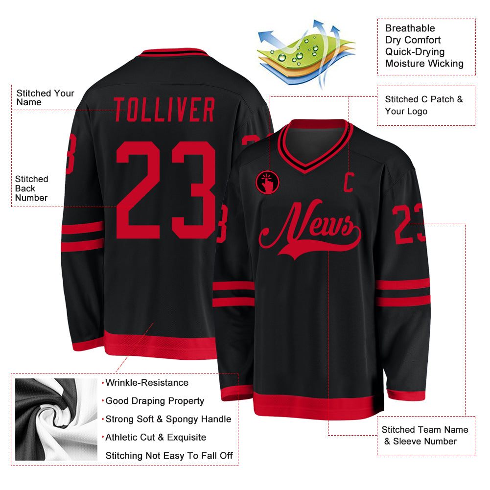 Customizable Black and Red Hockey Jersey - Personalized Sports Apparel for Fans Personalized Black Red Hockey Jersey - Image 2