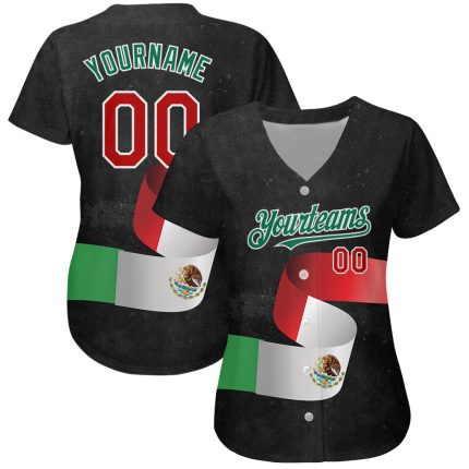 Custom 3D Mexican Flag Baseball Jersey with Personalized Name & Number - Black Red Kelly Green Authentic Design Personalized